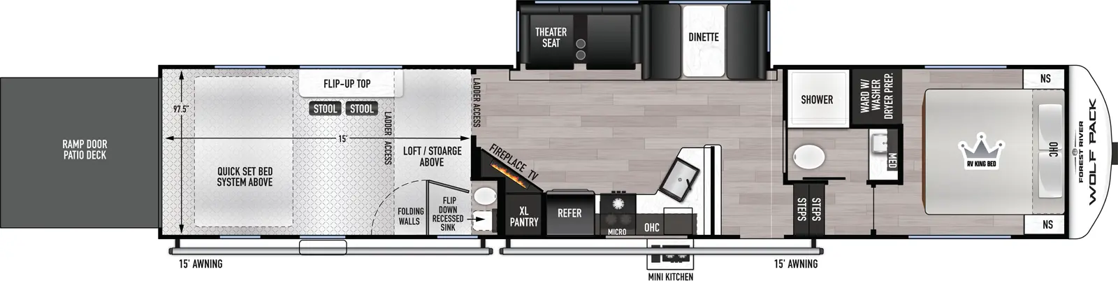 The Wolf Pack 352PACK15 floorplan is a toy hauler that has two entries and one slide out. Exterior features include: fiberglass exterior, 15' & 15' awning and outside kitchen. Interiors features include: loft, front bedroom and bathroom and a half.